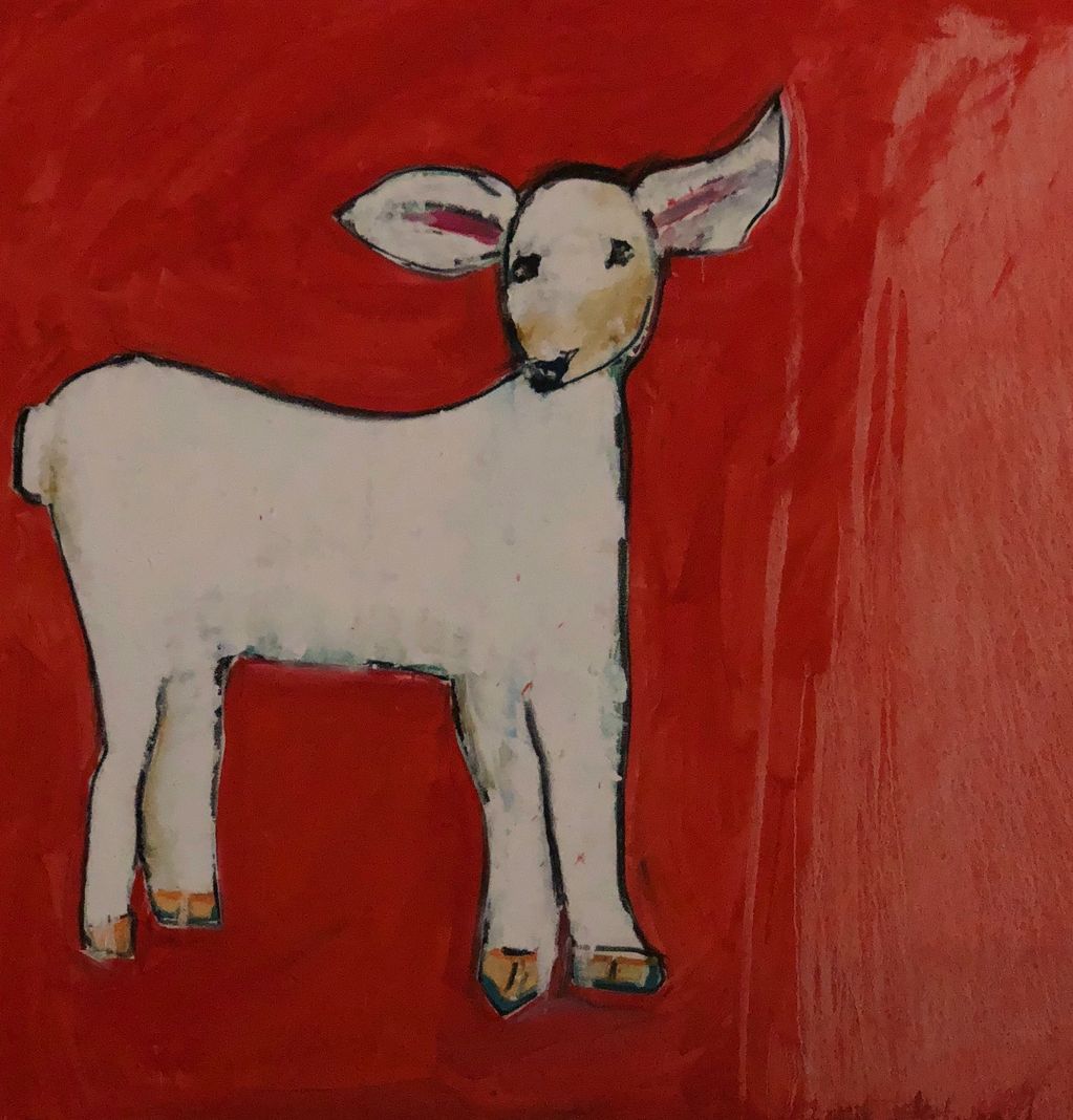 A simple white goat drawing on a red background.