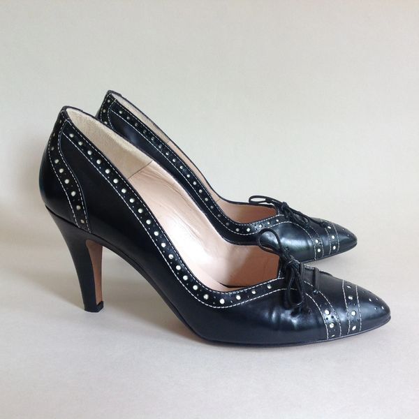 HOBBS Black All Leather Brogue Patterned Almond Toe Bow Front 3.5