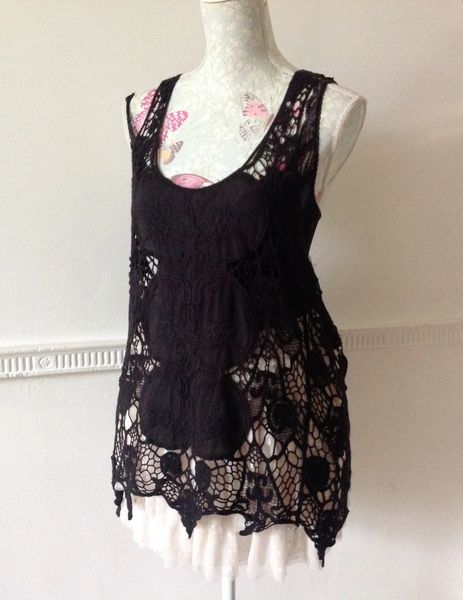 Black Lace Embroidered Cotton Razor Back Long Vest Overtop Variated Hem Line