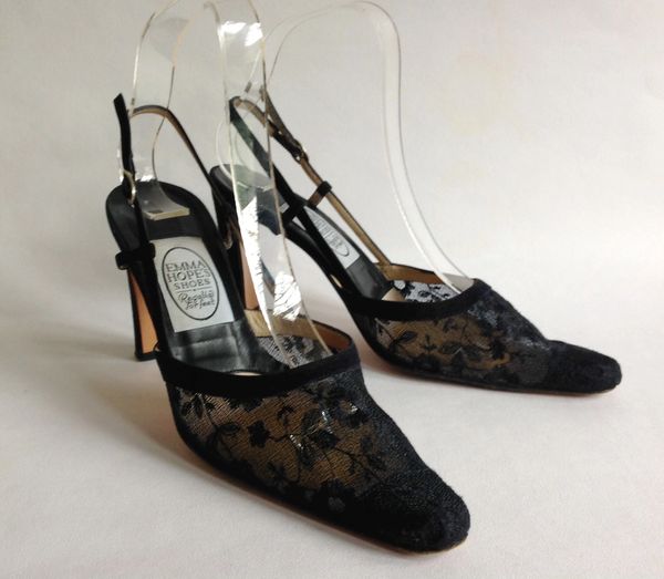 Emma Hope Black Suede Leather & Lace 3.5" Slim Heel Sling Back Shoe Size UK 3.5 EU 36.5