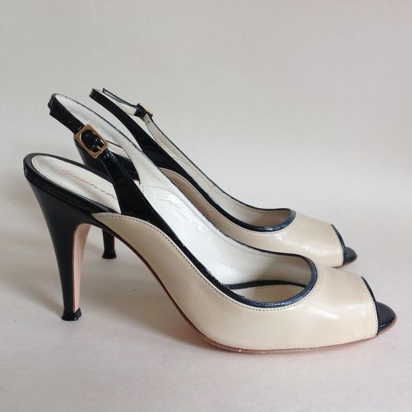 Gianvito Rossi Ivory Leather & Black Patent Slingback Peep Toe Shoe ...