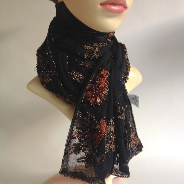 Boots Black Beaded Nylon Evening Party Neck Scarf
