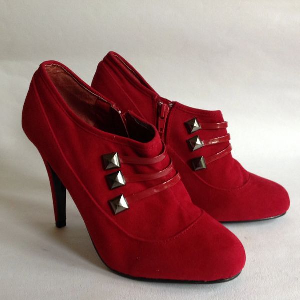 Rascal Red Faux Suede 4 Stiletto High Heel Booties Ankle Boots Uk 4 Eu Vintage Handbags Shoes Clothing