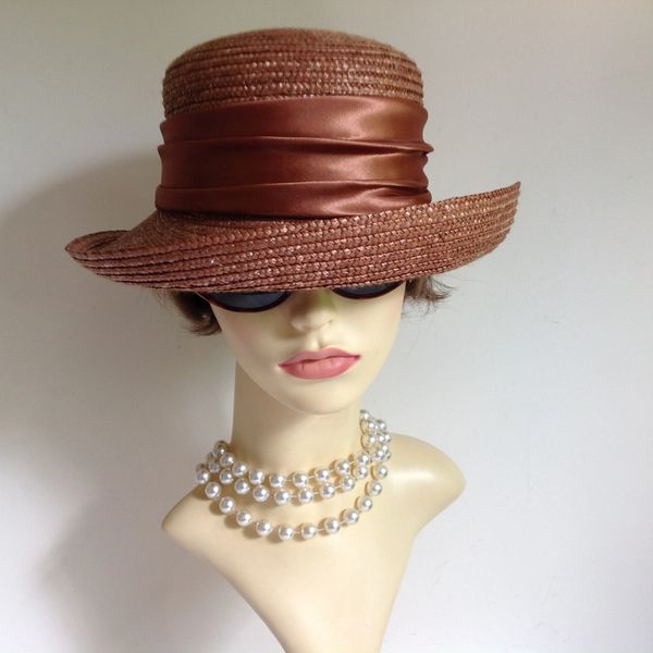 Light Bronze Straw Hat Small Brim Satin Ribbon Church Races Weddings