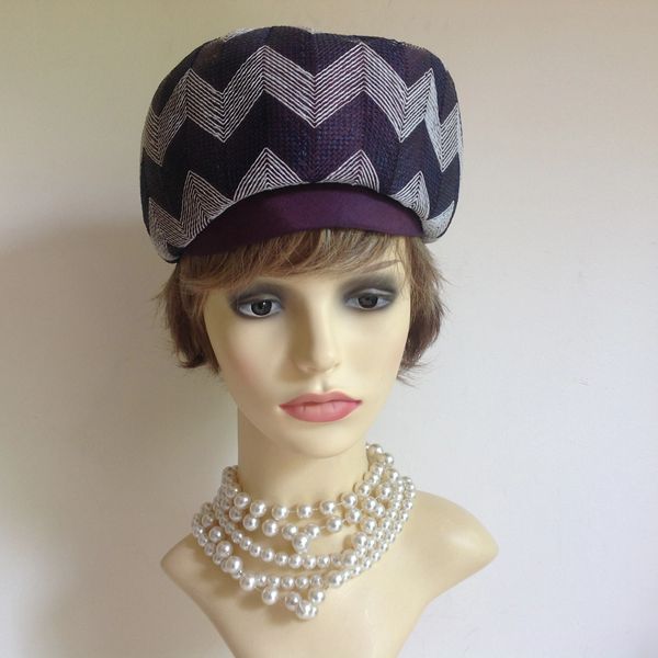 French Style Blue & White Zig Zag Vintage 1960s Segmented Beret Hat Fully Lined