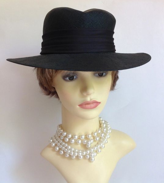 Peter Bettley 1950s Vintage Black Sinamay Hat With Satin Ribbon & Diamanté Trim