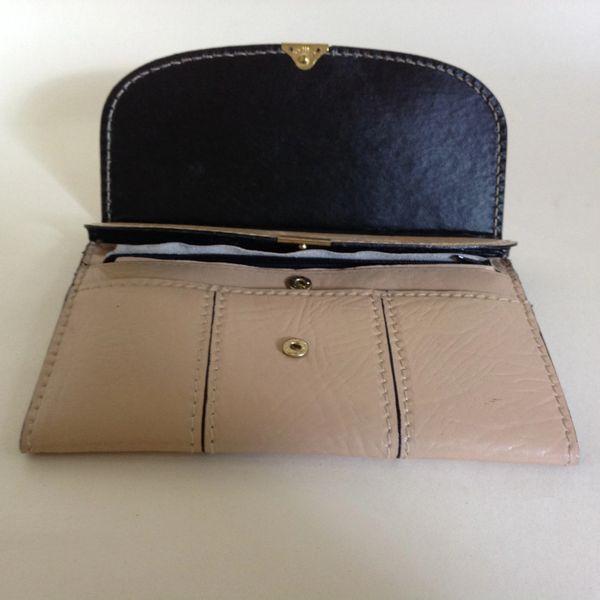 Vintage Beige Leather Clutch Bag Or Large Wallet With Black Leather ...