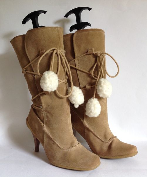 New Look Buff Suede Faux Shearling Lined 4.25" Heel 3/4 Winter Boot Size UK 4 EU 37