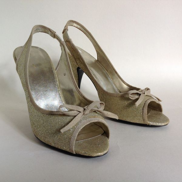 Atticus 1950s Style Gold Glitter Slingback Peeptoe Bow Fronted Shoe Size UK 5 EU 38