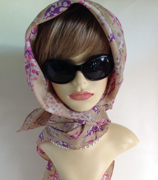 Vintage 1960s Head Scarf Coffee Pink Purple Feather Pattern 38 Inches Stitched Hem Edge