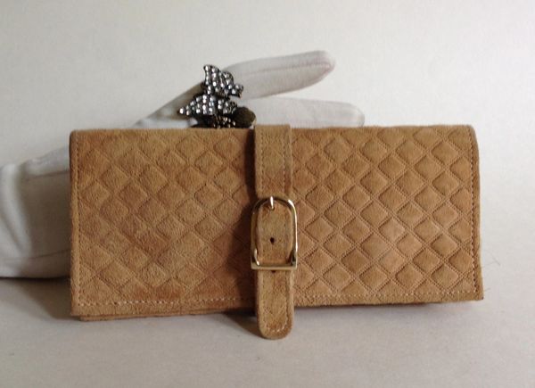 Buff Suede Leather Vintage Jewellery Roll Pouch Wrap With Matching Suede Lining
