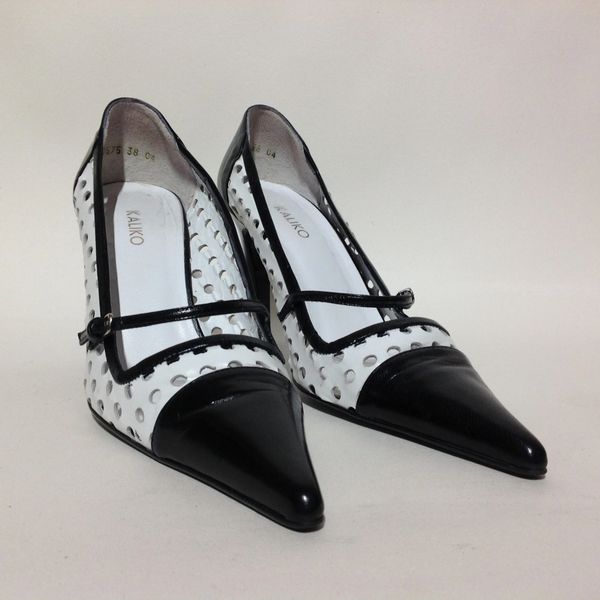 Kaliko Black & White Perforated Vintage Style Leather Mary Jane 3.5" Stiletto Shoes Size UK 5 EU 38