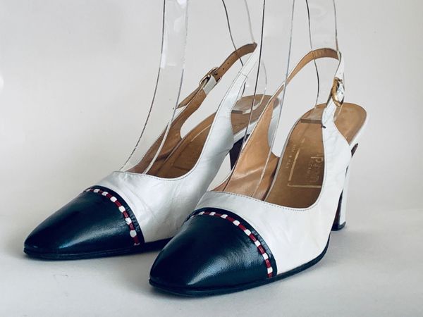 Simpson Piccadilly Vintage White & Blue Leather Sling Back Shoe 3.5" Heel UK 4.5 Size UK 4.5AA, US 6.5, EU 37.5