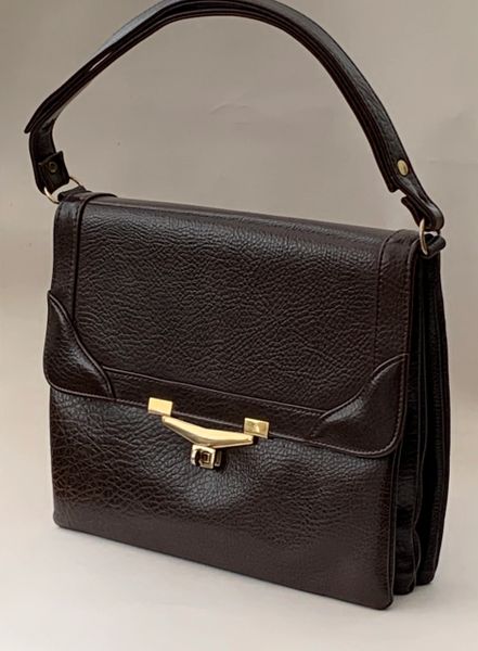 Chamelle Vintage 1970s Brown Faux Leather Handbag Shoulder Bag Fabric Lining.