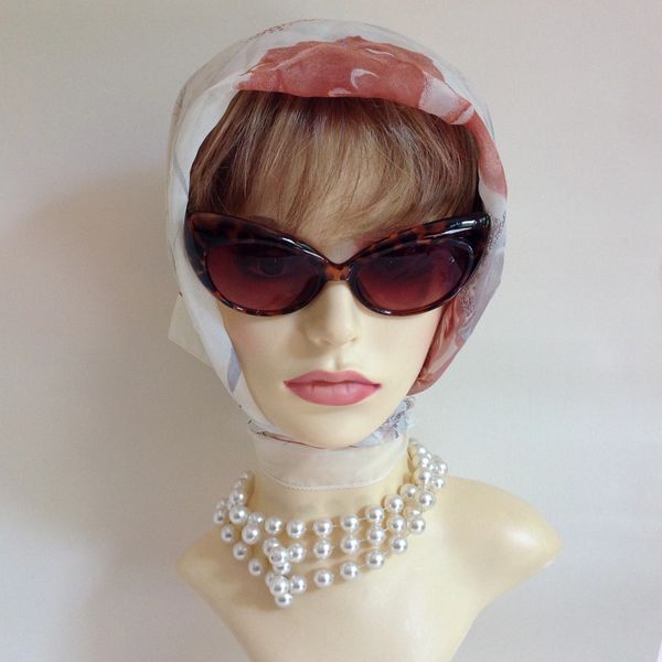 Vintage 1960s Head Scarf Ivory Bronze Rose Pattern 27 Inches Stitched Hem