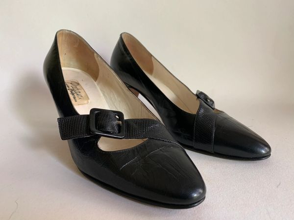 Patina Black Leather And Lizard Slim 2.75” Heel Almond Toe Court Shoes ...