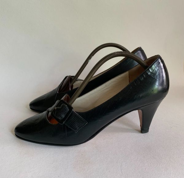 Patina Black Leather And Lizard Slim 2.75” Heel Almond Toe Court Shoes ...