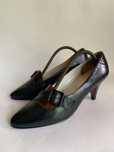 Patina Black Leather And Lizard Slim 2.75” Heel Almond Toe Court Shoes ...