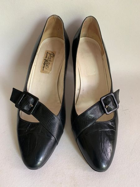 Patina Black Leather And Lizard Slim 2.75” Heel Almond Toe Court Shoes ...