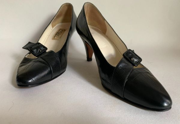 Patina Black Leather And Lizard Slim 2.75” Heel Almond Toe Court Shoes Size UK 5 EU 38.