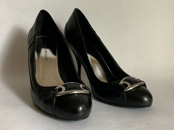 Karen Millen Black Leather Stiletto 3.5” Heel Round Toe Court Shoes
