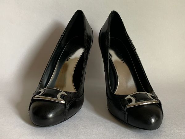 Karen Millen Black Leather Stiletto 3.5” Heel Round Toe Court Shoes ...
