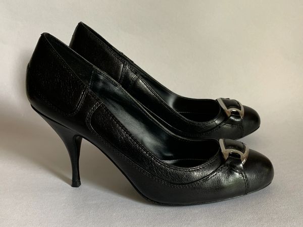 Karen Millen Black Leather Stiletto 3.5” Heel Round Toe Court Shoes ...