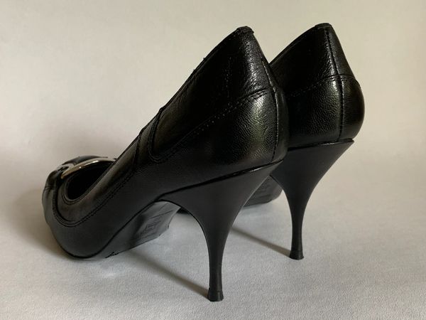 Karen Millen Black Leather Stiletto 3.5” Heel Round Toe Court Shoes ...