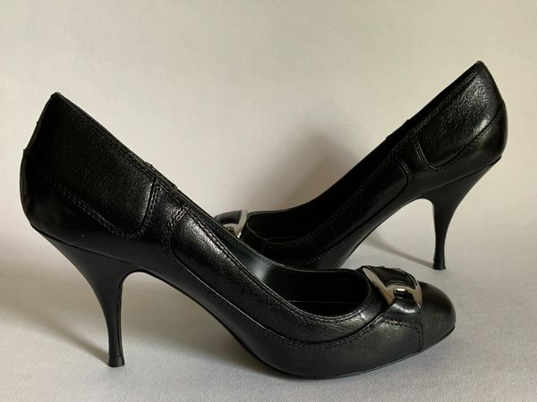 Karen Millen Black Leather Stiletto 3.5” Heel Round Toe Court Shoes ...