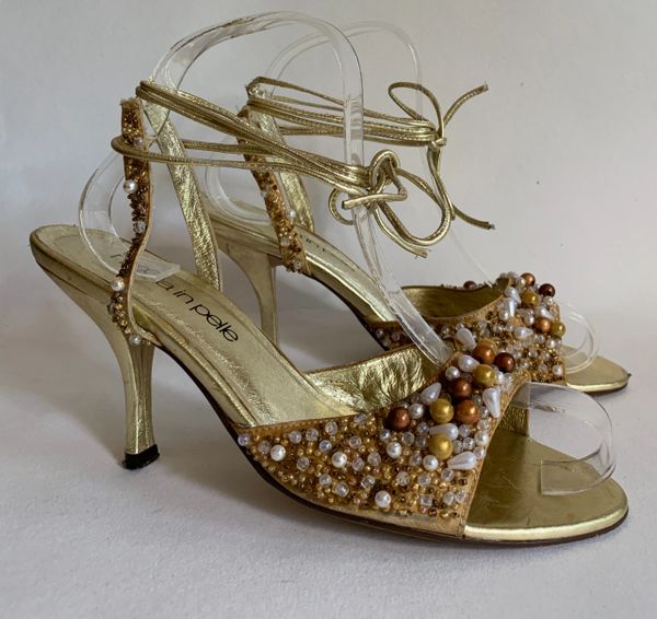 Moda In Pelle Gold Beaded Fabric Peep Toe Ankle Strap Sandal Shoes With 3.75 inch stiletto heels. Size UK 5