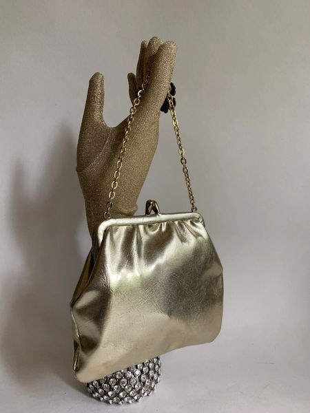 Vintage 1960s Gold Faux Leather Small Evening Bag Chain Strap Ivory Lining