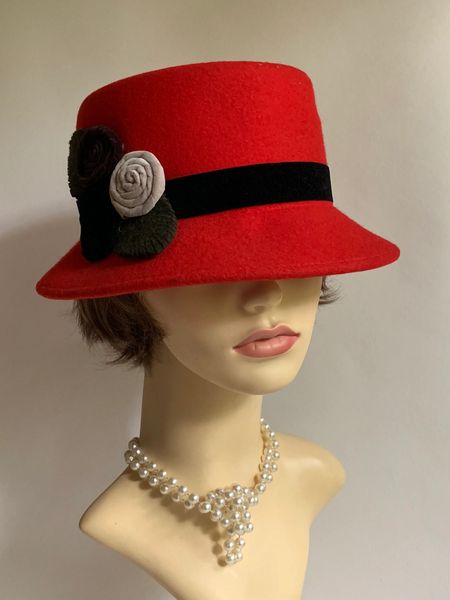 Red Small Brim Felt Cloche Hat With Black Felt Ribbon And Floral Decoration