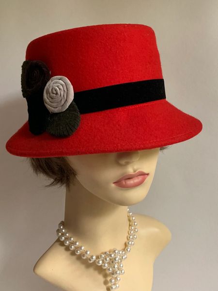 Red Small Brim Felt Cloche Hat With Black Felt Ribbon And Floral ...