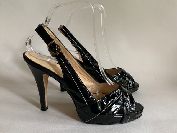 L.K.Bennett Black Patent Leather Slingback Peep Toe Slim High Heel Shoe ...