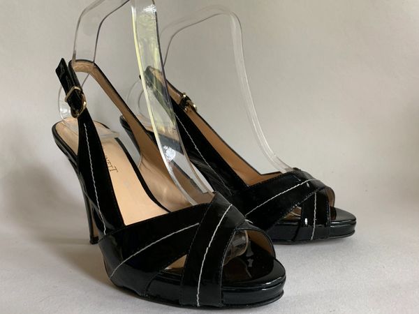 L.K.Bennett Black Patent Leather Slingback Peep Toe Slim High Heel Shoe UK 4 EU 37
