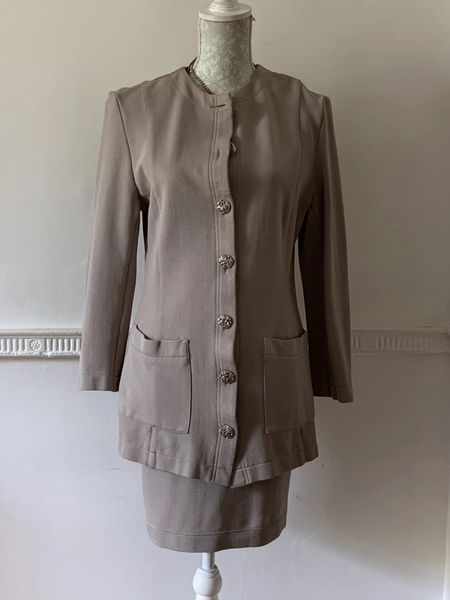 Dieter Heupel Vintage 1980s Taupe Viscose Blend Two Piece Cardigan Stretch Skirt Suit Size UK Size 12