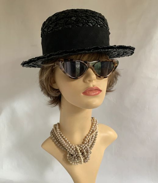 Edward Mann Vintage 1950s Black Boater Polyester Straw Hat Petersham Ribbon & Bow