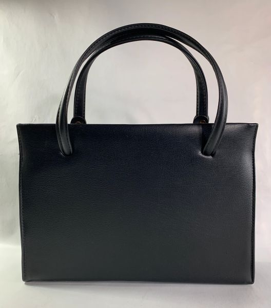 Vintage 1960s Black Synthetic Leather Handbag Satin Lining Hidden Side ...