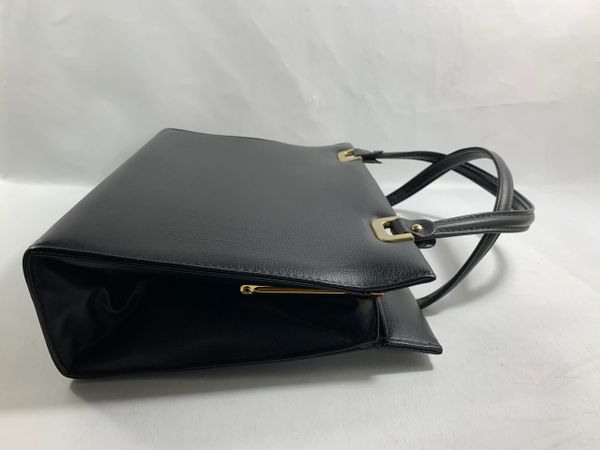 Vintage 1960s Black Synthetic Leather Handbag Satin Lining Hidden Side ...