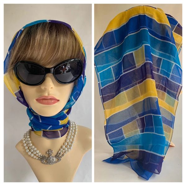 Jacqmar Neck Scarf Head Wrap Blue Yellow Purple Square Pattern Stitched Edge