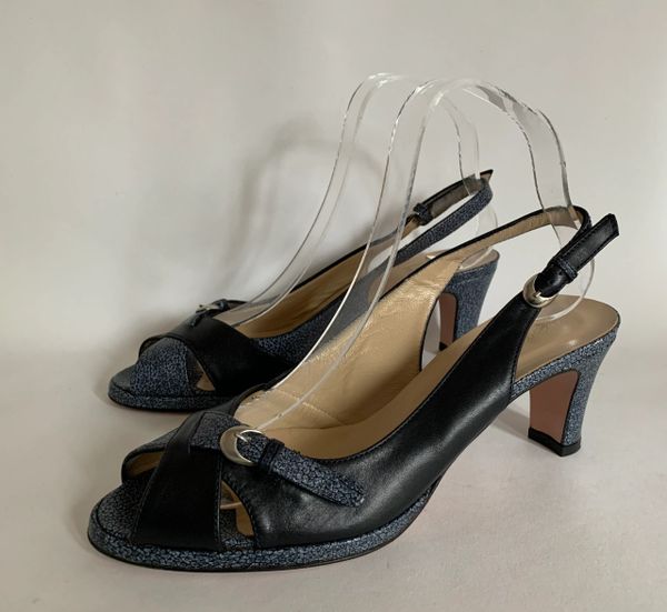 Hobbs Black & Grey Cross Front Peep Toe Sling Back 3” Block Heel Shoe ...