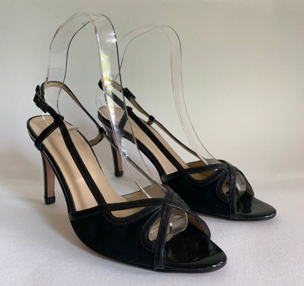 Hobbs Black Suede And Leather Open Toe Slingback 3.5" Stiletto Shoes Sandals With Cross over fronts.Size UK 4.5 EU 37.5