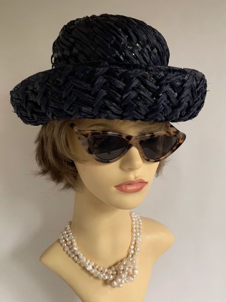 Connor Vintage 1950s Very Dark Blue Interwoven Polyester Straw Hat With Removable Ribbon