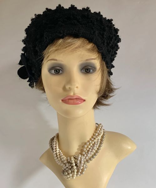 Bedacht By Simon Schultz Black 1960s Inspired Soft Bobble Knit Beret Unlined