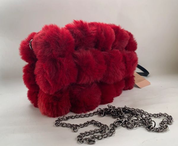 Saison Nandi Claret Faux Fur Pom Pom Wristlet Shoulder Bag With Tag And Removable Shoulder Chain.