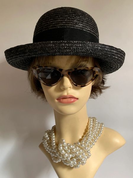 Elegance Collection Black Small Brim Straw Hat Grosgrain Ribbon Straw Bow to Back