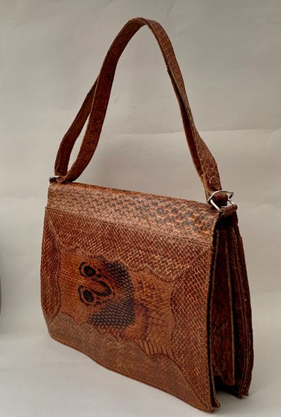 Rustic Snake Skin Vintage 1970s TanDouble Sided Convertable Handbag Shoulder Bag With Suede Lining..