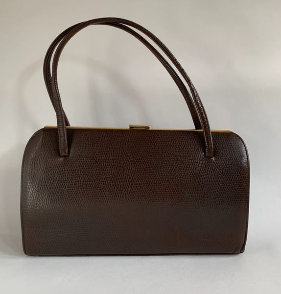 Vintage 1960s Brown Lizard Print Faux Leather Handbag Buff Suede ...