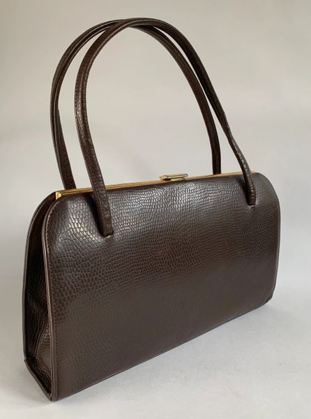 Vintage 1960s Brown Lizard Print Faux Leather Handbag Buff Suede ...