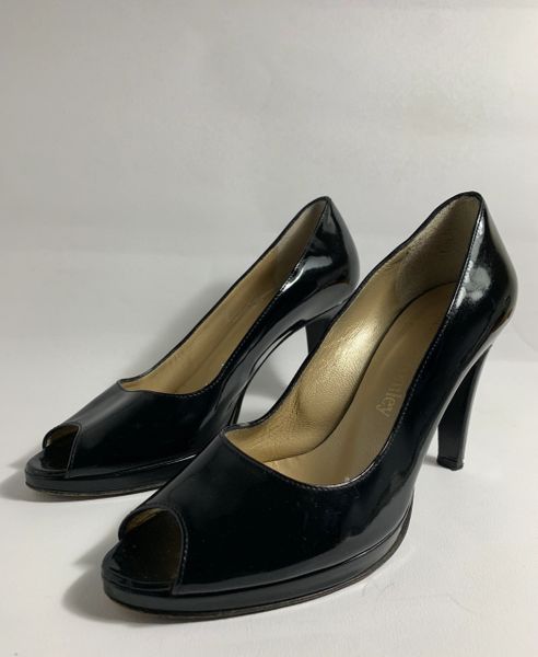 Russell & Bromley Black Patent Leather Peep Toe Court Shoes UK Size 4 ...